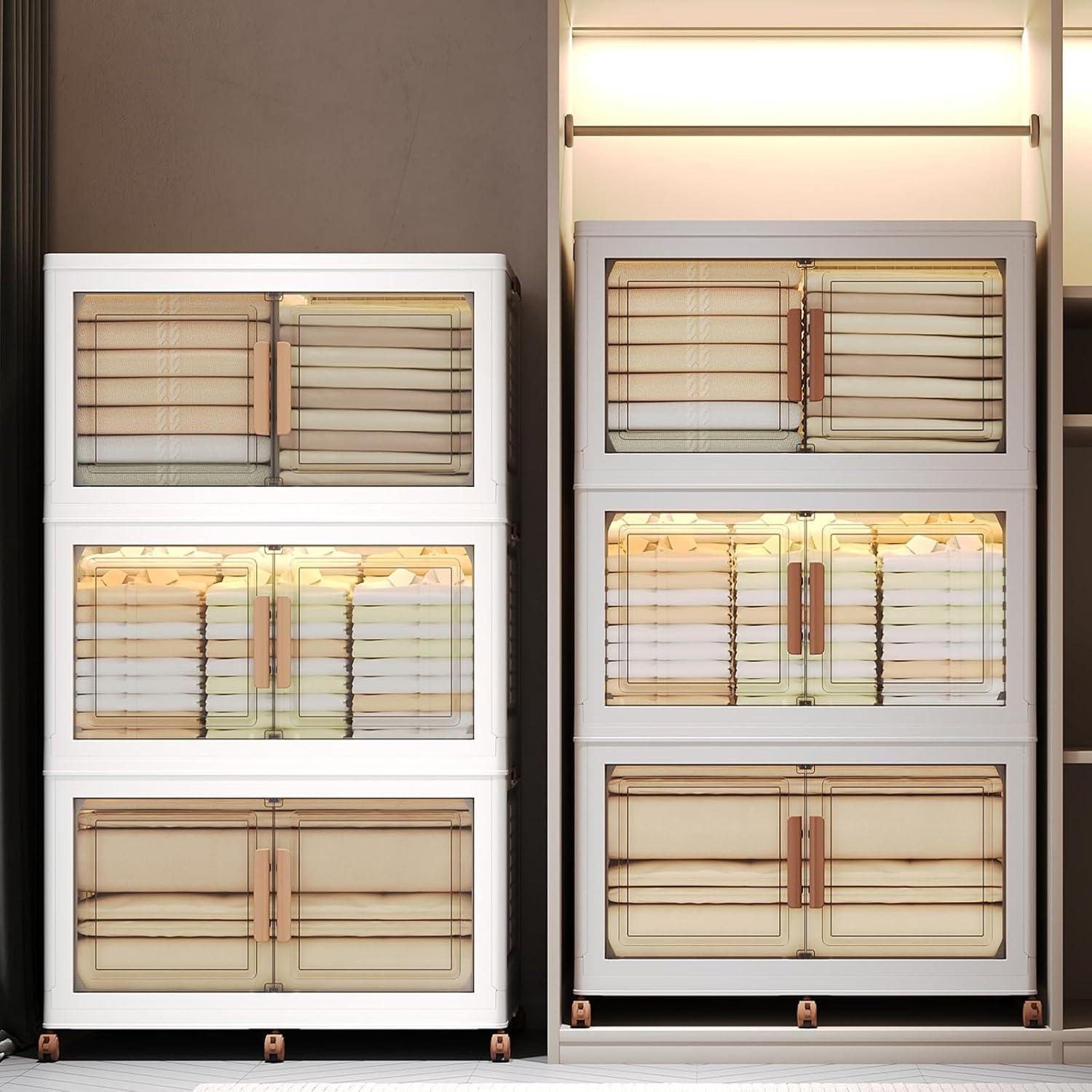 image285Qt70Gal Large Stackable Storage Bins with Lids and Divider 3Pack Collapsible Drawers with Doors Foldable Cabinet with Wheels Plastic Closet Organizers Containers for Home DormWhite160Qt40Gal