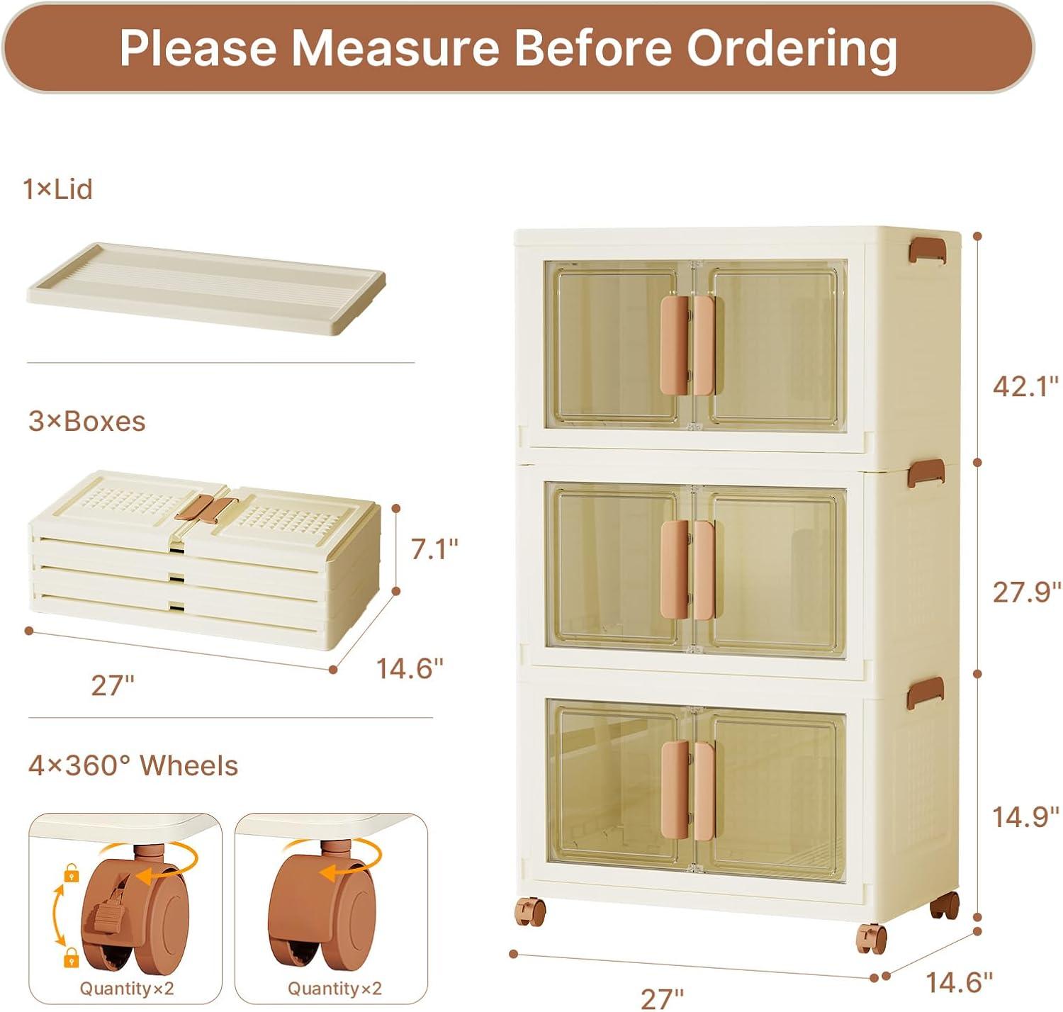 image285Qt70Gal Large Stackable Storage Bins with Lids and Divider 3Pack Collapsible Drawers with Doors Foldable Cabinet with Wheels Plastic Closet Organizers and Containers for Home Dorm