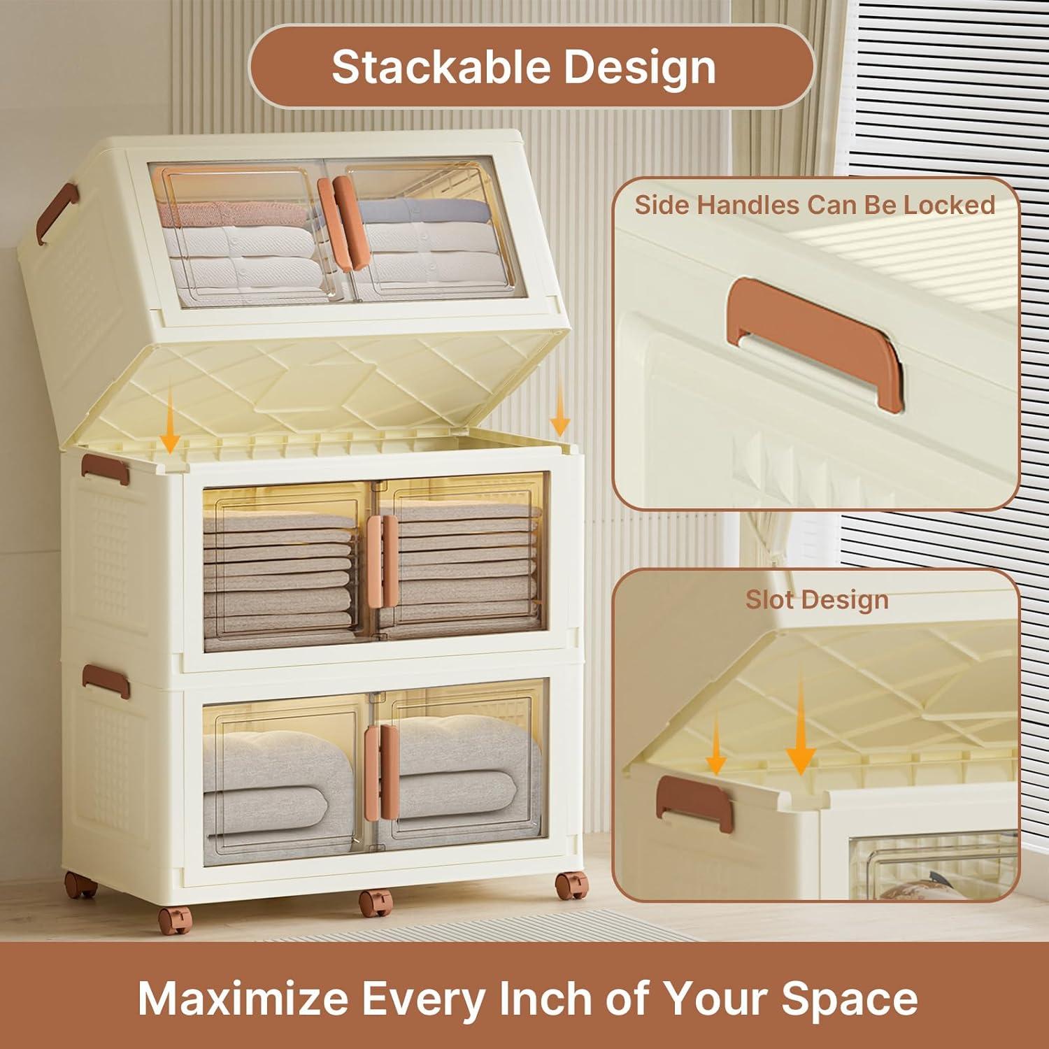 image285Qt70Gal Large Stackable Storage Bins with Lids and Divider 3Pack Collapsible Drawers with Doors Foldable Cabinet with Wheels Plastic Closet Organizers Containers for Home DormWhite160Qt40Gal