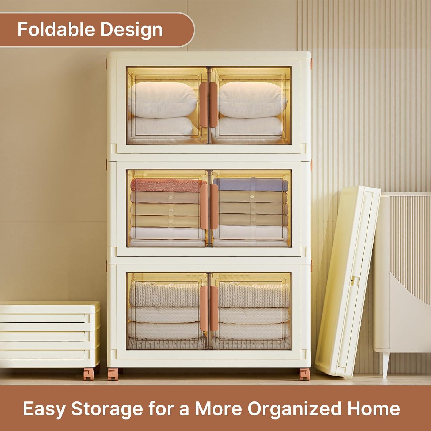 image285Qt70Gal Large Stackable Storage Bins with Lids and Divider 3Pack Collapsible Drawers with Doors Foldable Cabinet with Wheels Plastic Closet Organizers and Containers for Home Dorm