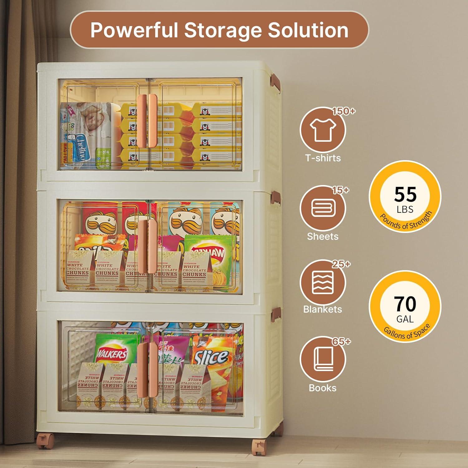 image285Qt70Gal Large Stackable Storage Bins with Lids and Divider 3Pack Collapsible Drawers with Doors Foldable Cabinet with Wheels Plastic Closet Organizers and Containers for Home Dorm