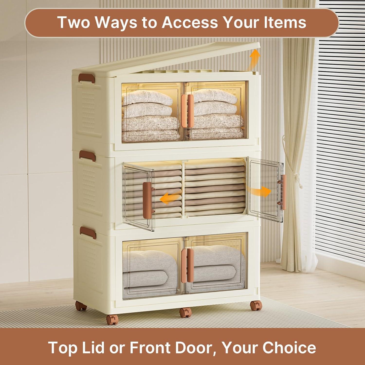 image285Qt70Gal Large Stackable Storage Bins with Lids and Divider 3Pack Collapsible Drawers with Doors Foldable Cabinet with Wheels Plastic Closet Organizers Containers for Home DormWhite160Qt40Gal