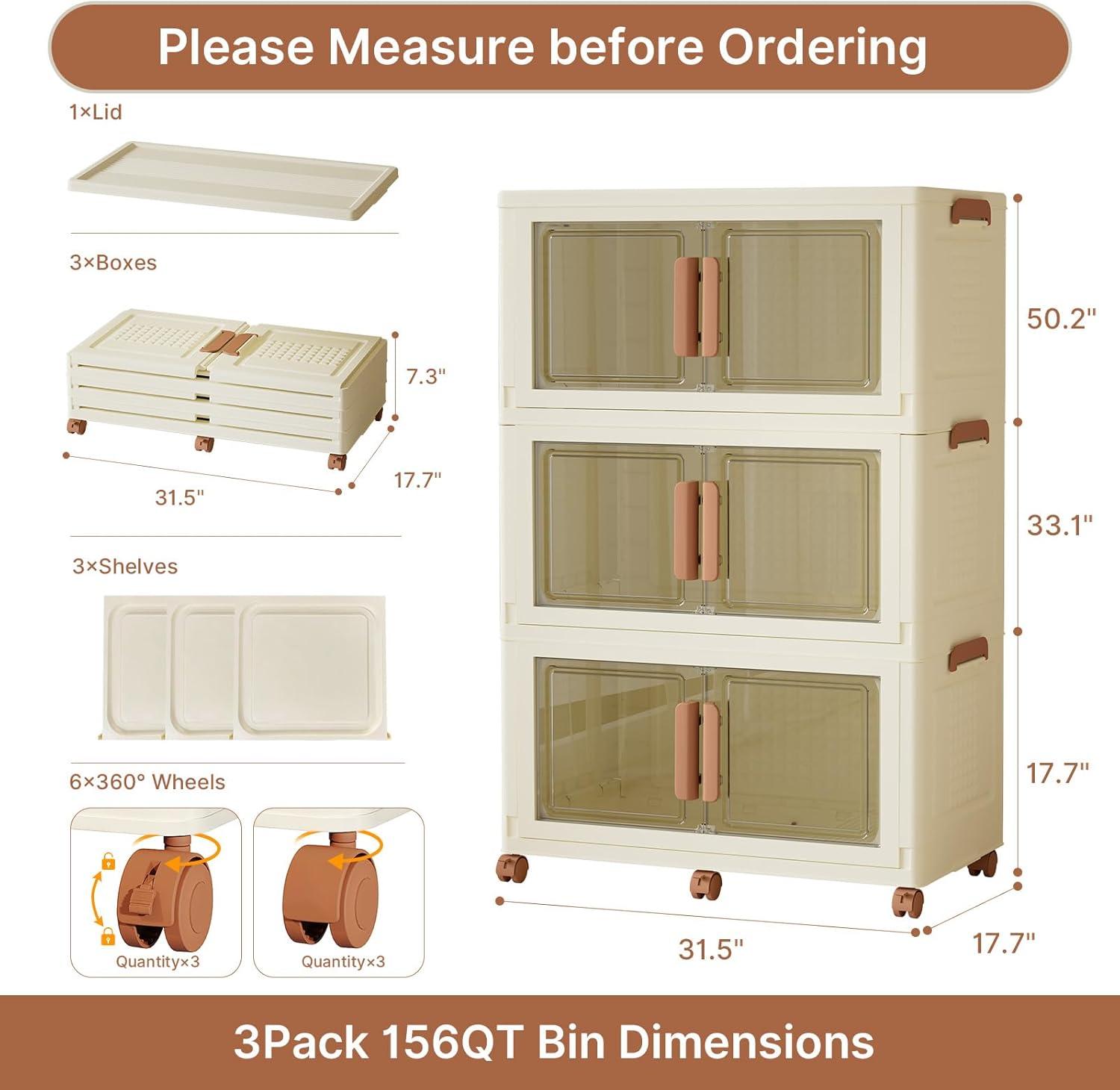 image285Qt70Gal Large Stackable Storage Bins with Lids and Divider 3Pack Collapsible Drawers with Doors Foldable Cabinet with Wheels Plastic Closet Organizers Containers for Home DormWhite160Qt40Gal