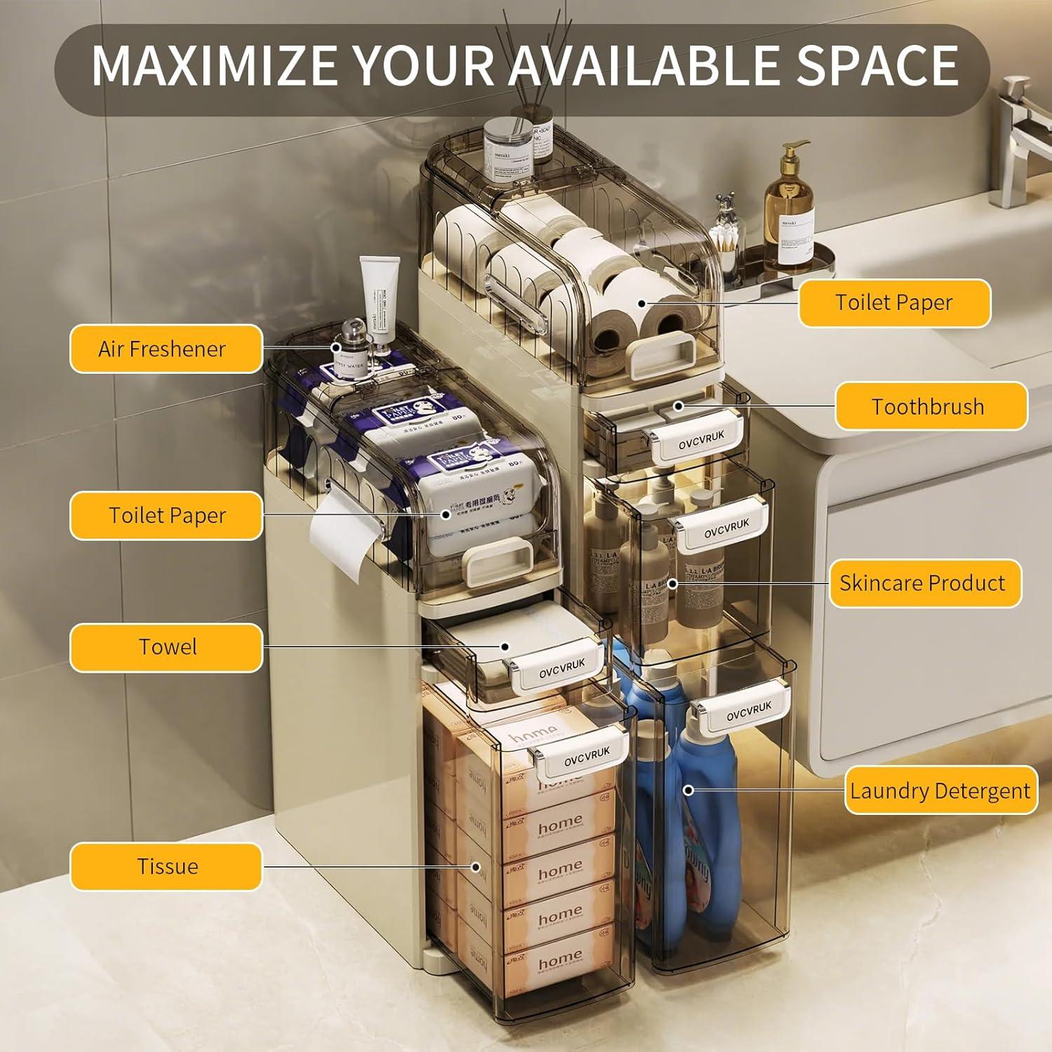 image2Tier Slim Bathroom Storage Cabinet Movable Narrow Plastic Drawers Waterproof Slim Bathroom Organizer Thin Storage Cabinet for Narrow Spaces Kitchen Laundry OutTheBox4Tier