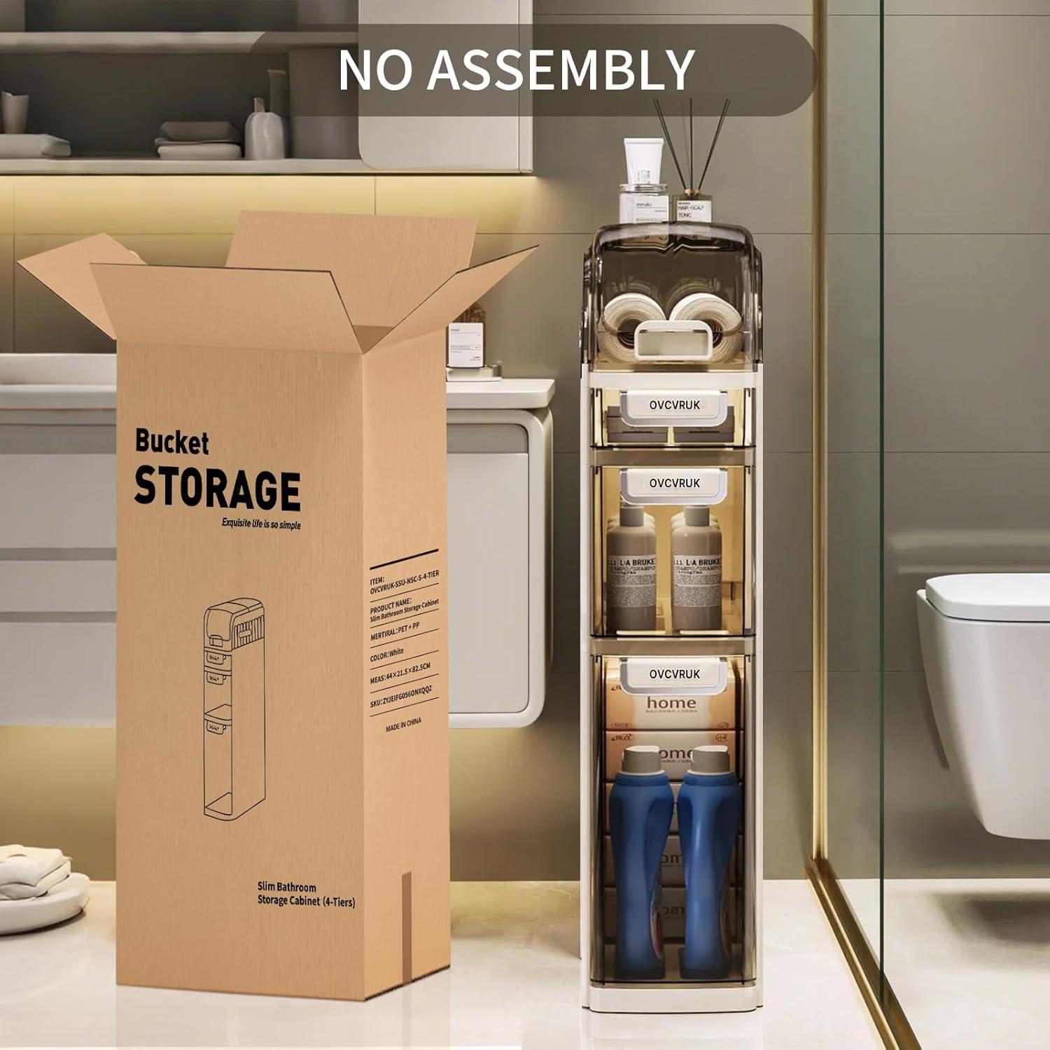 image2Tier Slim Bathroom Storage Cabinet Movable Narrow Plastic Drawers Waterproof Slim Bathroom Organizer Thin Storage Cabinet for Narrow Spaces Kitchen Laundry OutTheBox4Tier