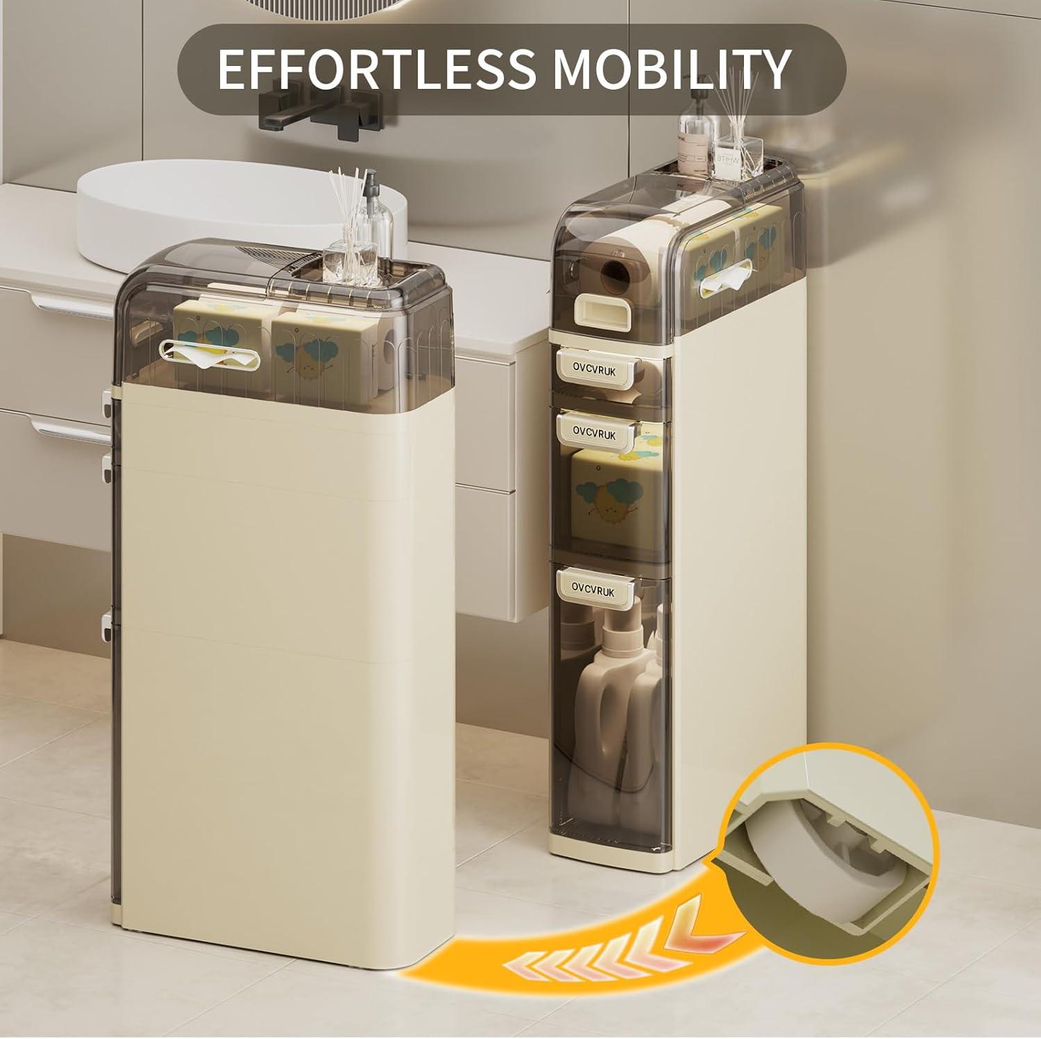 image2Tier Slim Bathroom Storage Cabinet Movable Narrow Plastic Drawers Waterproof Slim Bathroom Organizer Thin Storage Cabinet for Narrow Spaces Kitchen Laundry OutTheBox3Tier