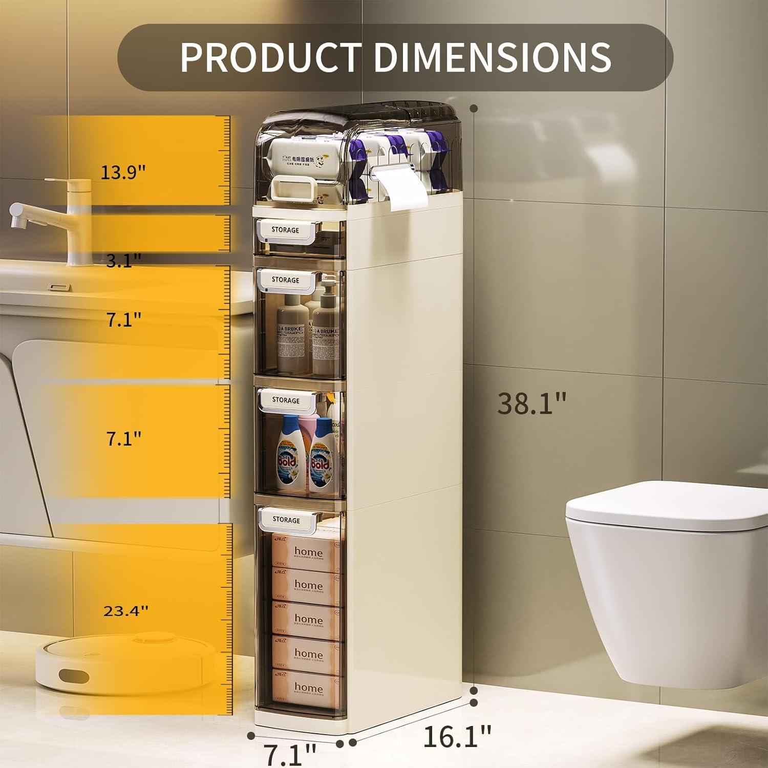 image2Tier Slim Bathroom Storage Cabinet Movable Narrow Plastic Drawers Waterproof Slim Bathroom Organizer Thin Storage Cabinet for Narrow Spaces Kitchen Laundry OutTheBox4Tier