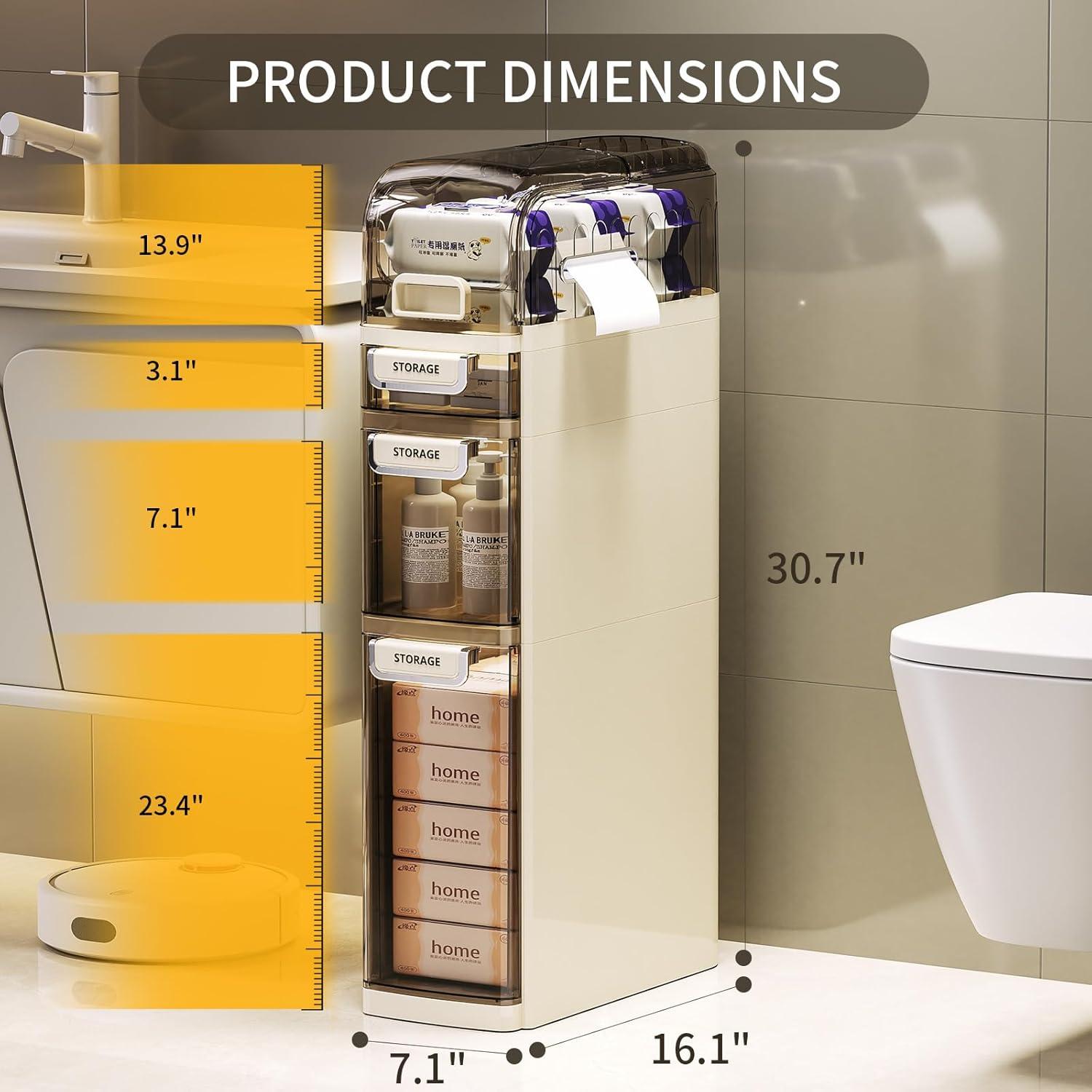 image2Tier Slim Bathroom Storage Cabinet Movable Narrow Plastic Drawers Waterproof Slim Bathroom Organizer Thin Storage Cabinet for Narrow Spaces Kitchen Laundry OutTheBox3Tier