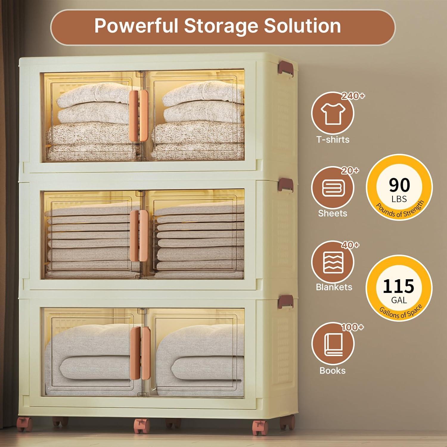 image480Qt120Gal Extra Large Stackable Storage Bins with Lids and Divider 3Pack Collapsible Drawers with Doors Foldable Cabinet with Wheels Plastic Closet Organizers and Containers