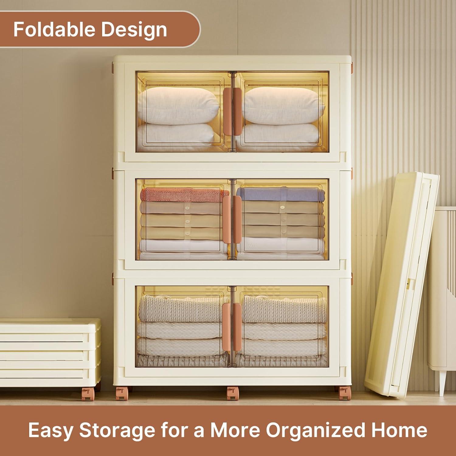 image480Qt120Gal Extra Large Stackable Storage Bins with Lids and Divider 3Pack Collapsible Drawers with Doors Foldable Cabinet with Wheels Plastic Closet Organizers and Containers