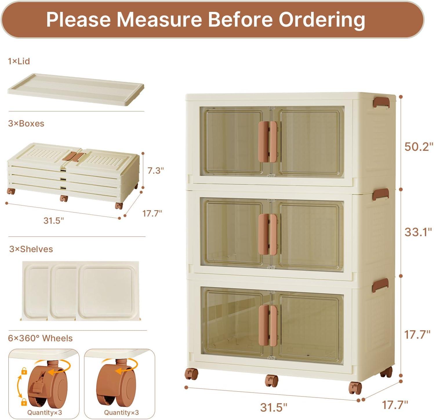 image480Qt120Gal Extra Large Stackable Storage Bins with Lids and Divider 3Pack Collapsible Drawers with Doors Foldable Cabinet with Wheels Plastic Closet Organizers and Containers