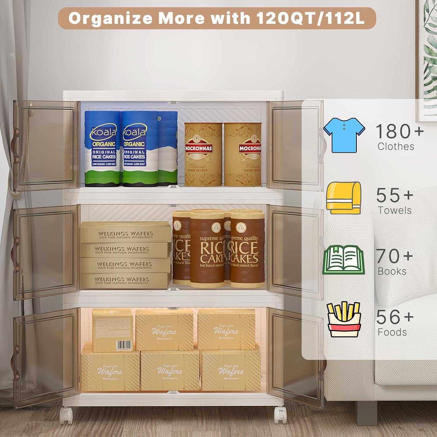 imageExtra Large Stackable Storage Binswith lids ampamp Wheels Foldable Collapsible Closet Organizers1344QT168QT42GAL8Pack Plastic Containers with door ampamp drawers for bedroom DormWhite120QT