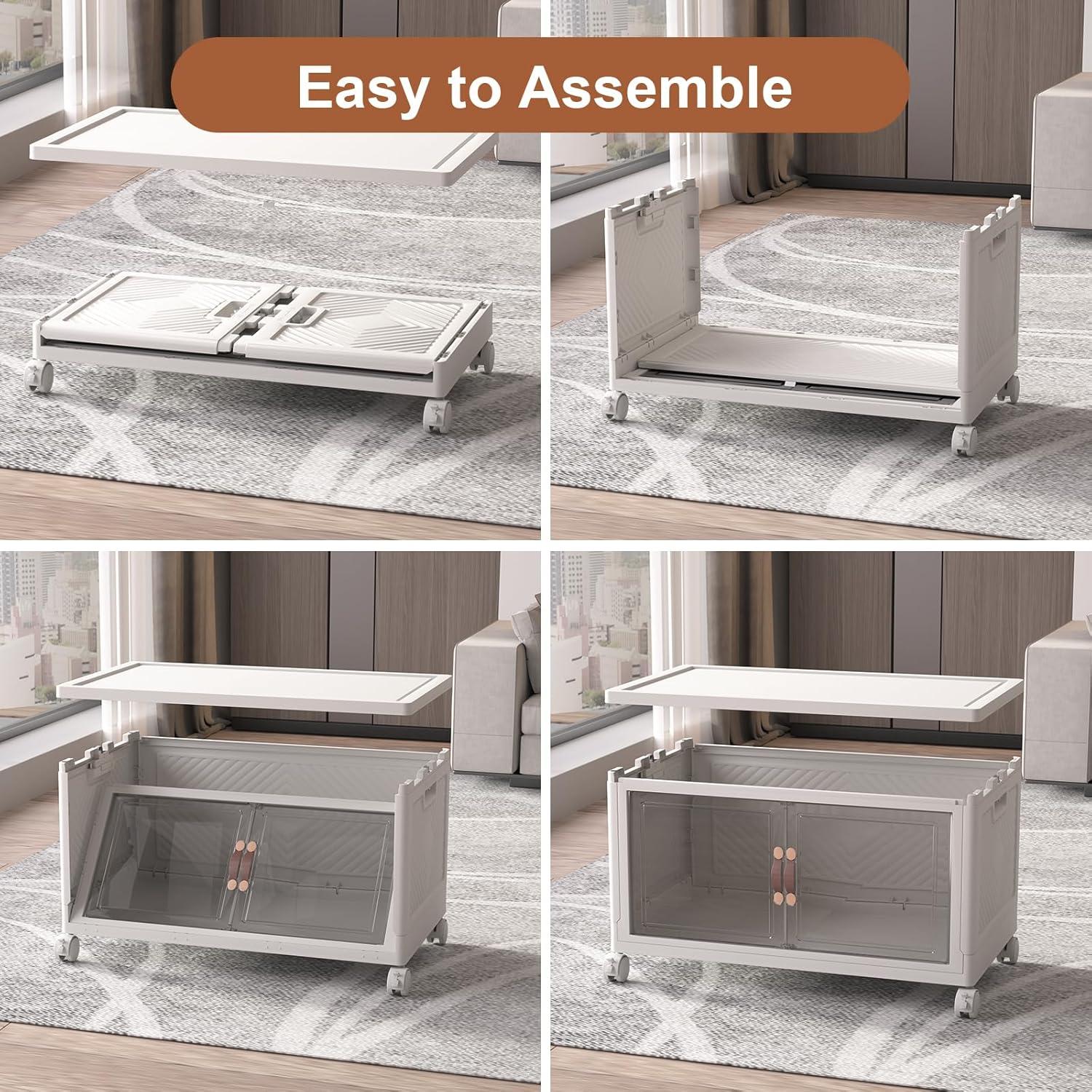 imageExtra Large Stackable Storage Binswith lids ampamp Wheels Foldable Collapsible Closet OrganizersPlastic Containers with door ampamp drawers for bedroom DormWhite45CM