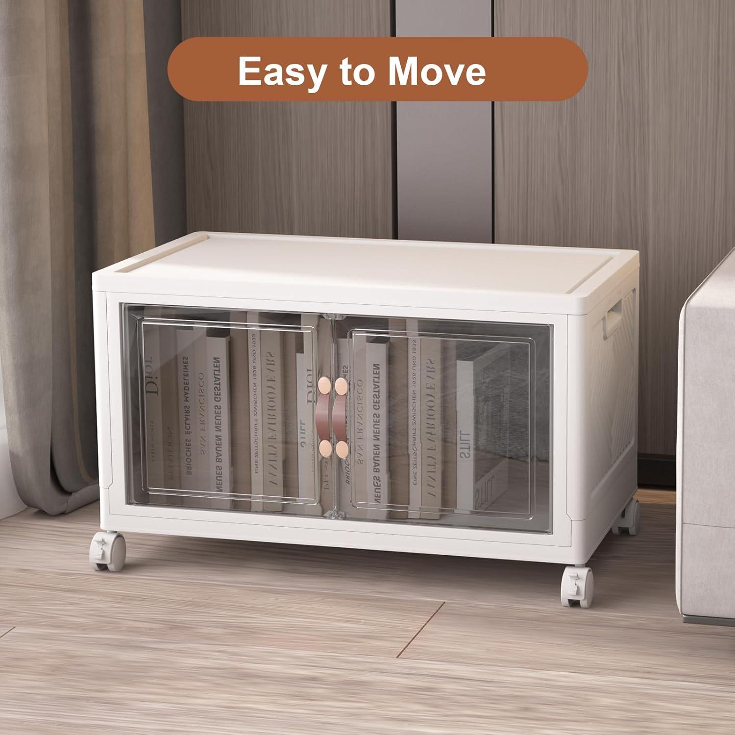 imageExtra Large Stackable Storage Binswith lids ampamp Wheels Foldable Collapsible Closet OrganizersPlastic Containers with door ampamp drawers for bedroom DormWhite45CM