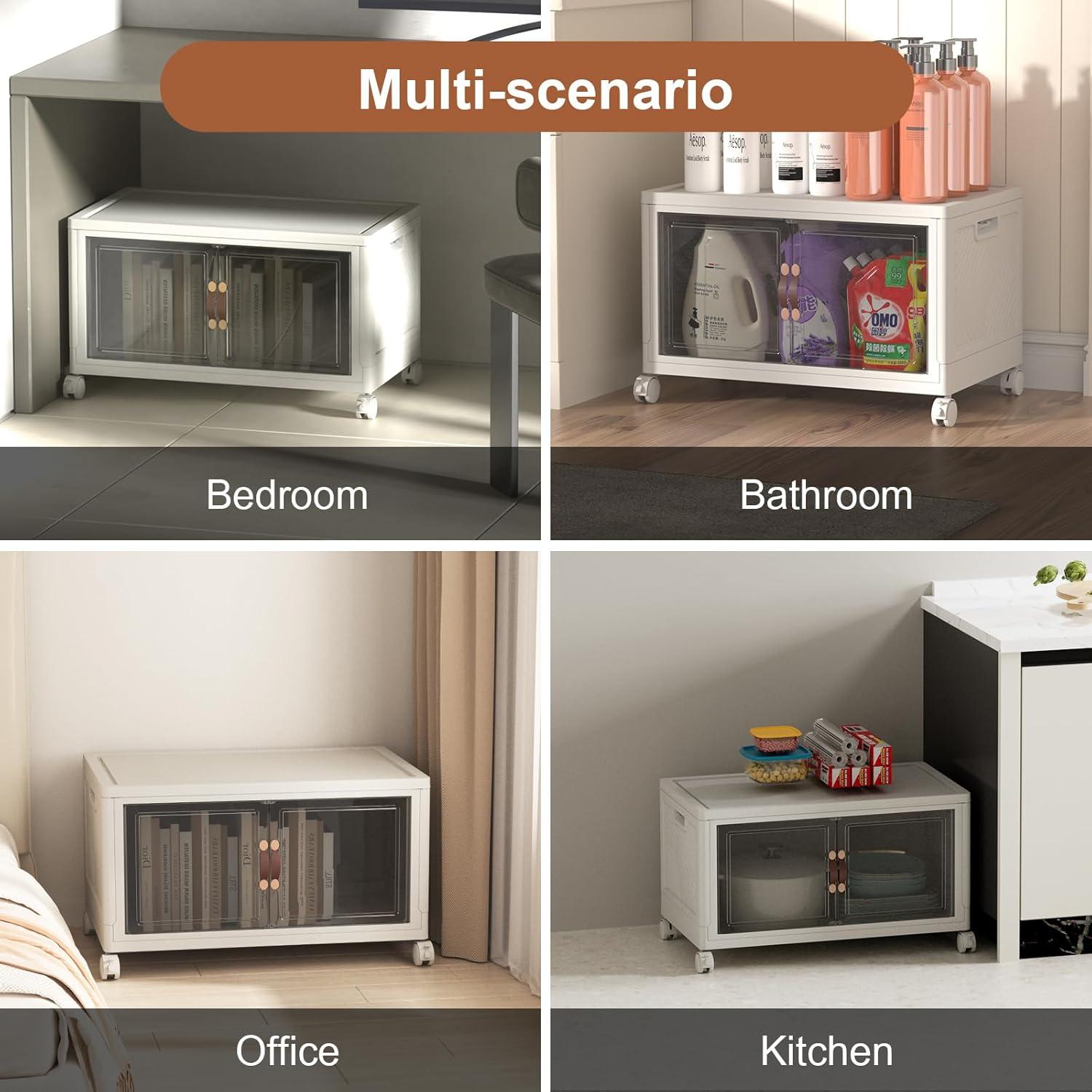 imageExtra Large Stackable Storage Binswith lids ampamp Wheels Foldable Collapsible Closet OrganizersPlastic Containers with door ampamp drawers for bedroom DormWhite45CM