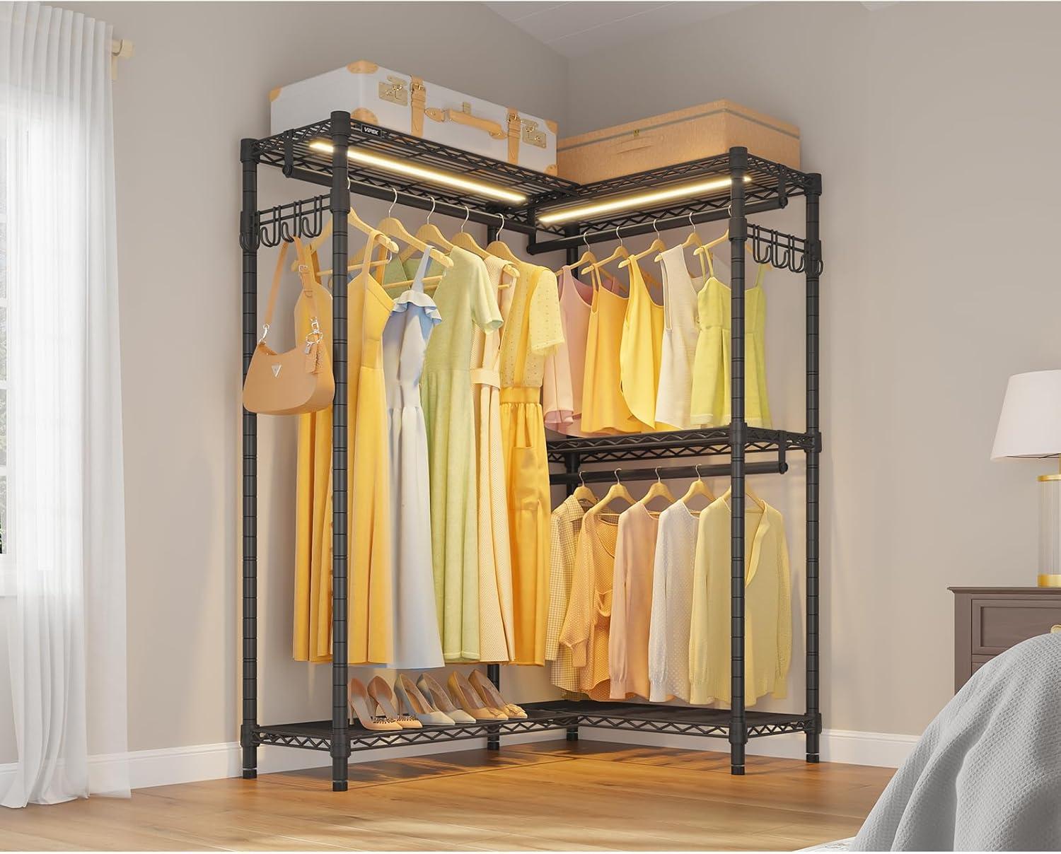 imageVIPEK L4 Garment Rack L Shaped Clothes Rack for Corner Freestanding Portable Wardrobe Closet Heavy Duty Clothing Rack with 3 Hanging Rods ampamp 2 Side Hooks 433quotLx291quotWx764quotH Max Load 810LBS BlackBlack