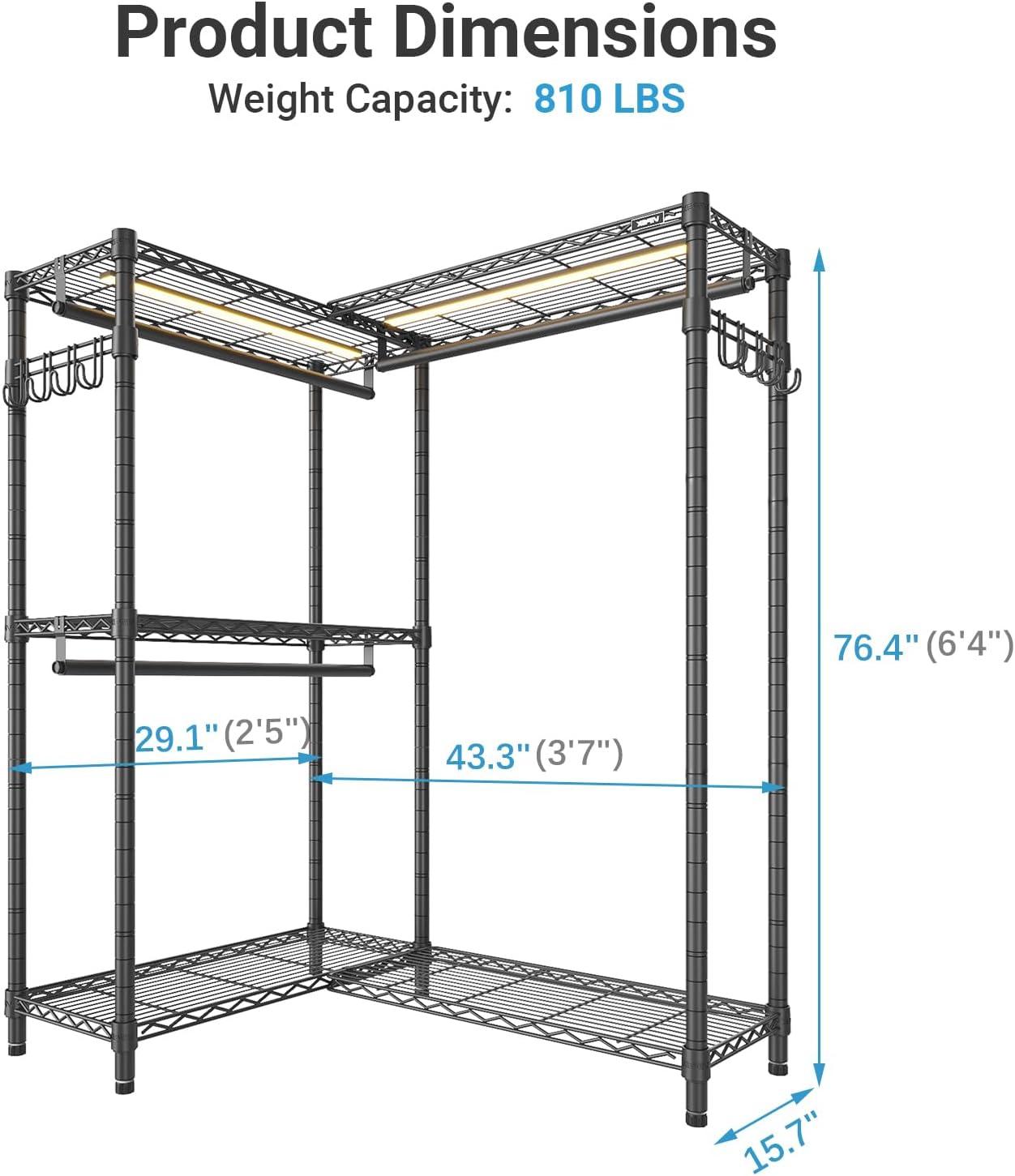 imageVIPEK L4 Garment Rack L Shaped Clothes Rack for Corner Freestanding Portable Wardrobe Closet Heavy Duty Clothing Rack with 3 Hanging Rods ampamp 2 Side Hooks 433quotLx291quotWx764quotH Max Load 810LBS BlackBlack