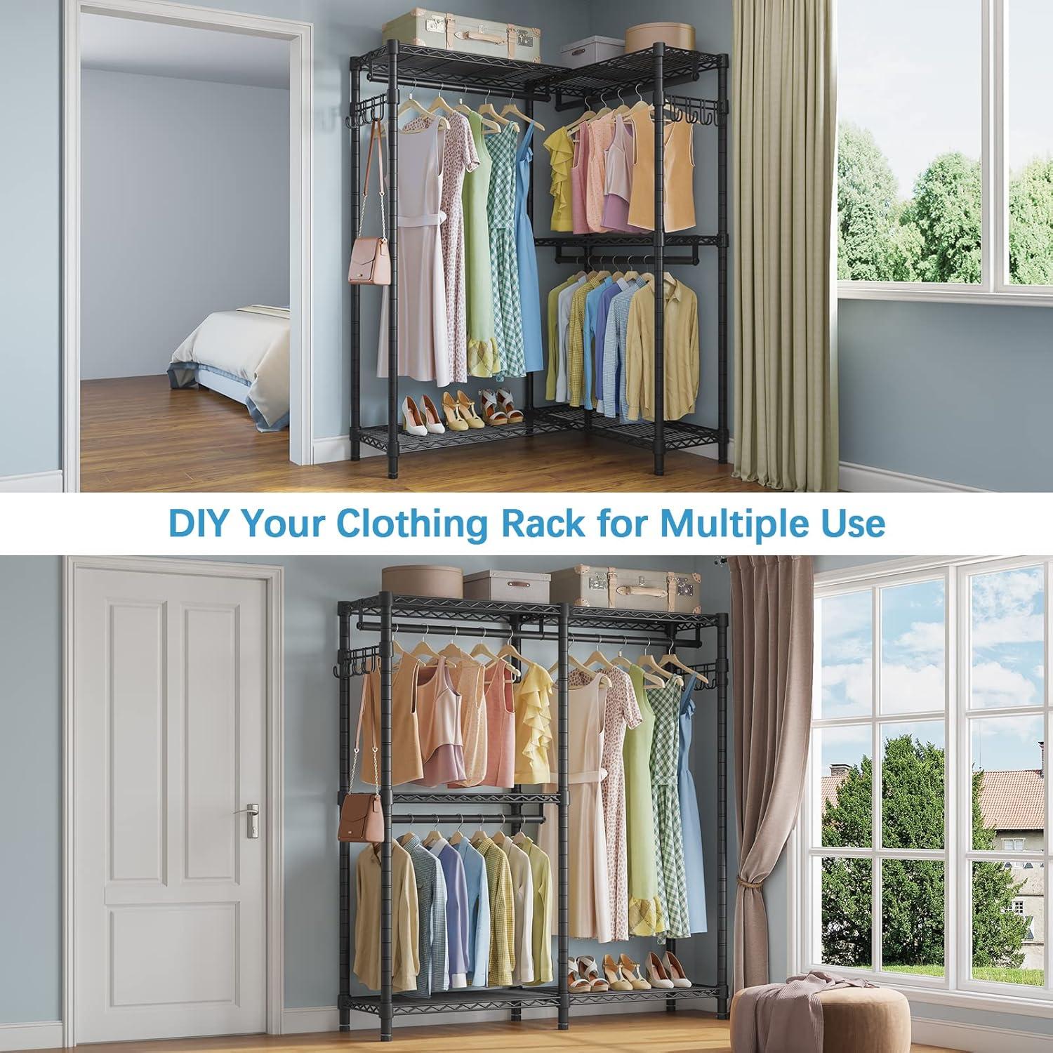 imageVIPEK L4 Garment Rack L Shaped Clothes Rack for Corner Freestanding Portable Wardrobe Closet Heavy Duty Clothing Rack with 3 Hanging Rods ampamp 2 Side Hooks 433quotLx291quotWx764quotH Max Load 810LBS BlackBlack