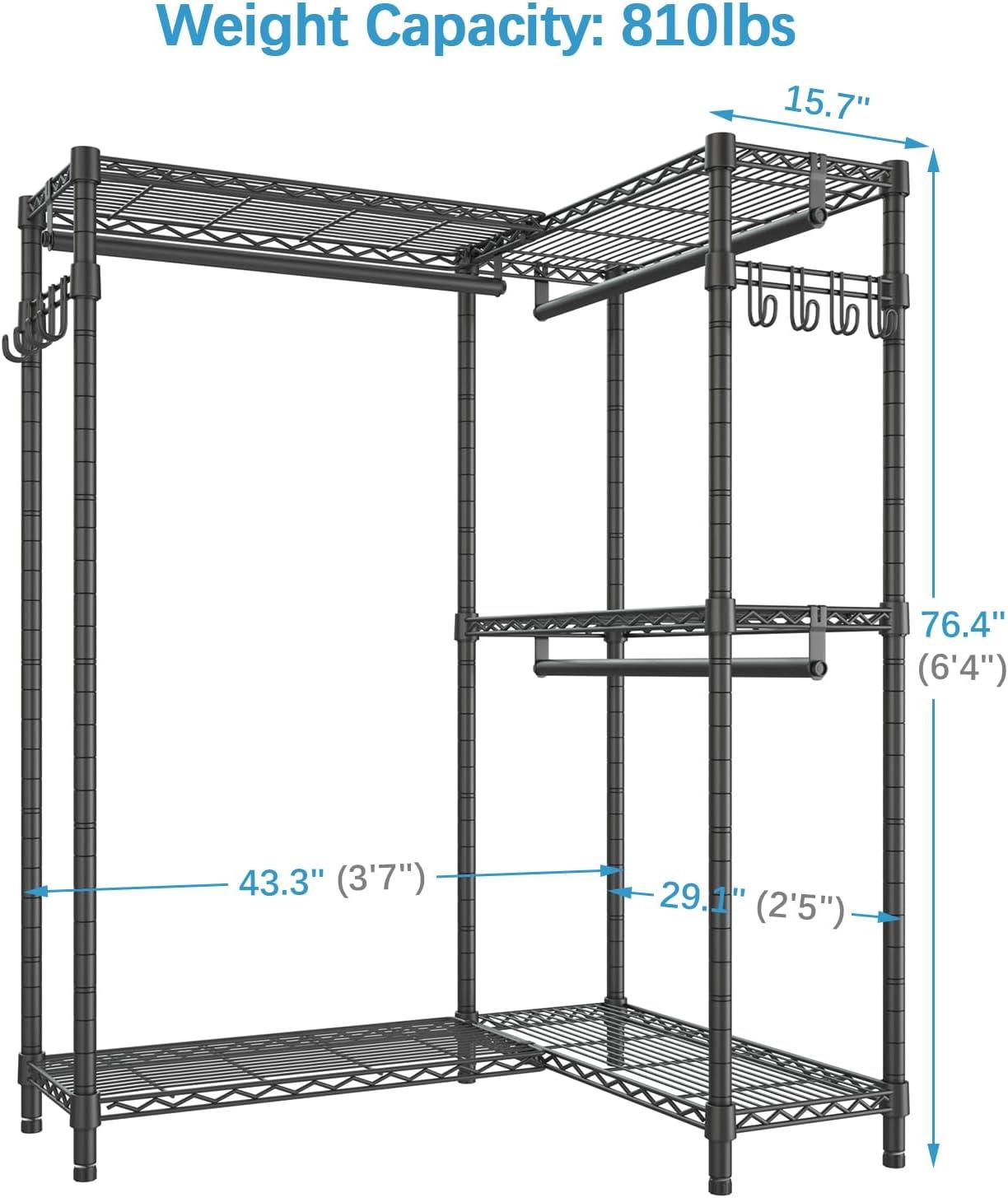 imageVIPEK L4 Garment Rack L Shaped Clothes Rack for Corner Freestanding Portable Wardrobe Closet Heavy Duty Clothing Rack with 3 Hanging Rods ampamp 2 Side Hooks 433quotLx291quotWx764quotH Max Load 810LBS BlackBlack