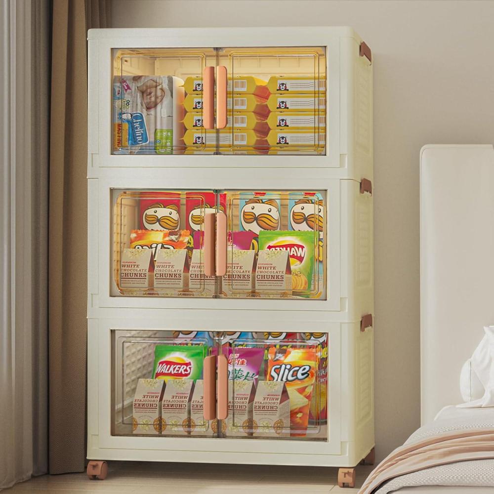 image285Qt70Gal Large Stackable Storage Bins with Lids and Divider 3Pack Collapsible Drawers with Doors Foldable Cabinet with Wheels Plastic Closet Organizers and Containers for Home Dorm