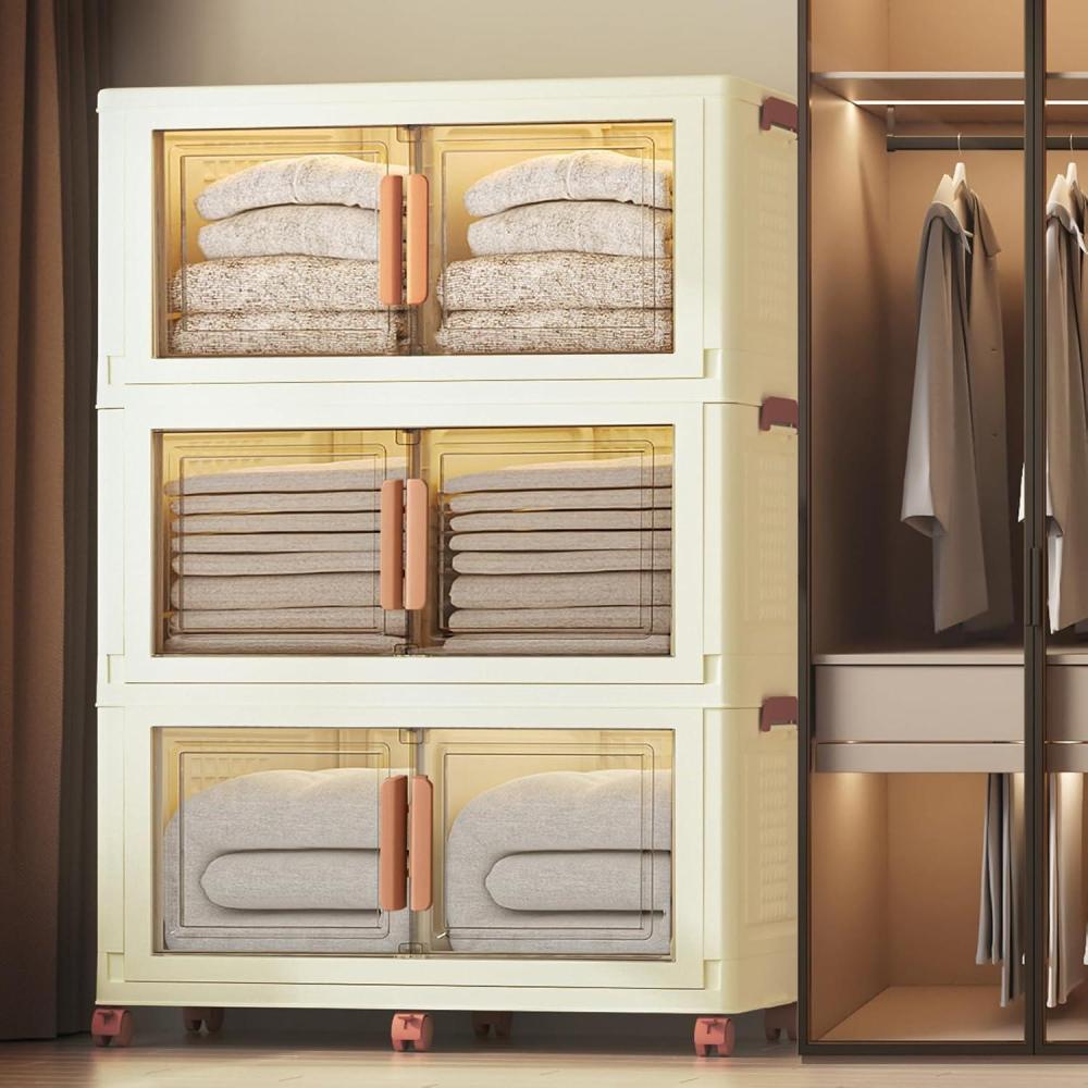 image480Qt120Gal Extra Large Stackable Storage Bins with Lids and Divider 3Pack Collapsible Drawers with Doors Foldable Cabinet with Wheels Plastic Closet Organizers and Containers