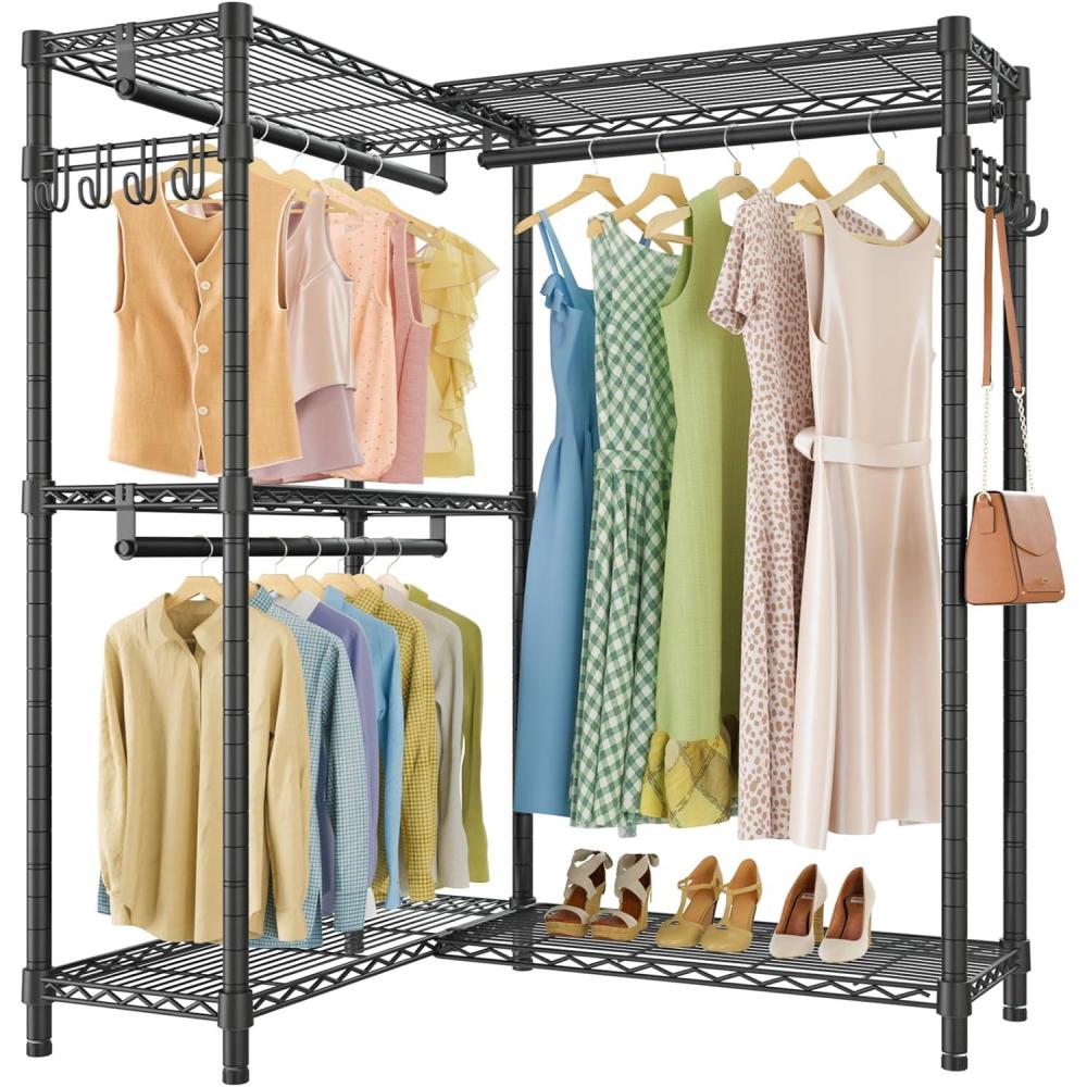 imageVIPEK L4 Garment Rack L Shaped Clothes Rack for Corner Freestanding Portable Wardrobe Closet Heavy Duty Clothing Rack with 3 Hanging Rods ampamp 2 Side Hooks 433quotLx291quotWx764quotH Max Load 810LBS BlackBlack