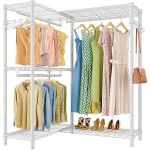imageVIPEK L4 Garment Rack L Shaped Clothes Rack for Corner Freestanding Portable Wardrobe Closet Heavy Duty Clothing Rack with 3 Hanging Rods ampamp 2 Side Hooks 433quotLx291quotWx764quotH Max Load 810LBS BlackWhite