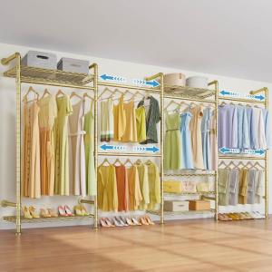 imageTimate F4 Wall Mounted Clothes Rack Industrial Pipe Clothing Rack for Hanging Clothes Expandable Garment Rack Heavy Duty Wardrobe Closet Organizer and Storage Black Adjustable Industrial Closet KitGold