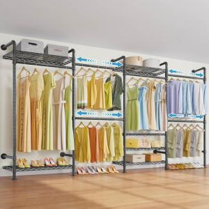 imageTimate F4 Wall Mounted Clothes Rack Industrial Pipe Clothing Rack for Hanging Clothes Expandable Garment Rack Heavy Duty Wardrobe Closet Organizer and Storage Black Adjustable Industrial Closet KitBlack