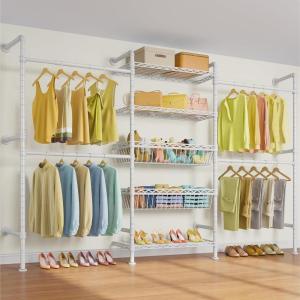 imageTimate X3 Expandable Heavy Duty Clothes Rack Wall Mounted Clothing Rack for Hanging Clothes Industrial Pipe Closet System for Walk in Closet Kit Wall Mount Clothes Rack with Basket Black Wall ClosetWhite