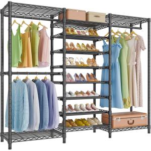 imageVIPEK S4 Heavy Duty Clothes Rack with Shoe Shelves Freestanding Clothing Rack with 6Tier Shoe Rack 4 Hanging Rod Adjustable Shelf Walk in Closet Organizer Garment Rack BlackBlack