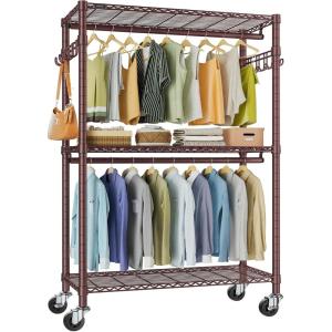 image:imageVIPEK R2 Plus Rolling Clothes Rack for Hanging Clothes Heavy Duty Clothing Rack 3 Tiers Adjustable Metal Wire Shelving Garment Racks with Side Hooks Closet Organizers and Storage Wardrobe BronzeBronze