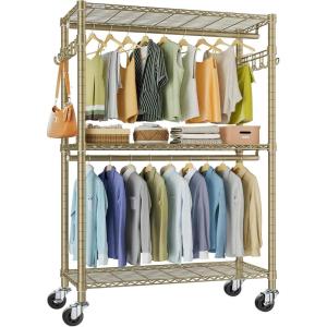 image:imageVIPEK R2 Plus Rolling Clothes Rack for Hanging Clothes Heavy Duty Clothing Rack 3 Tiers Adjustable Metal Wire Shelving Garment Racks with Side Hooks Closet Organizers and Storage Wardrobe BronzeGold